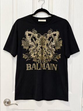 Pierre Balmain Black Gold Graphic T-Shirt Men’s 52 Designer Baroque Tee